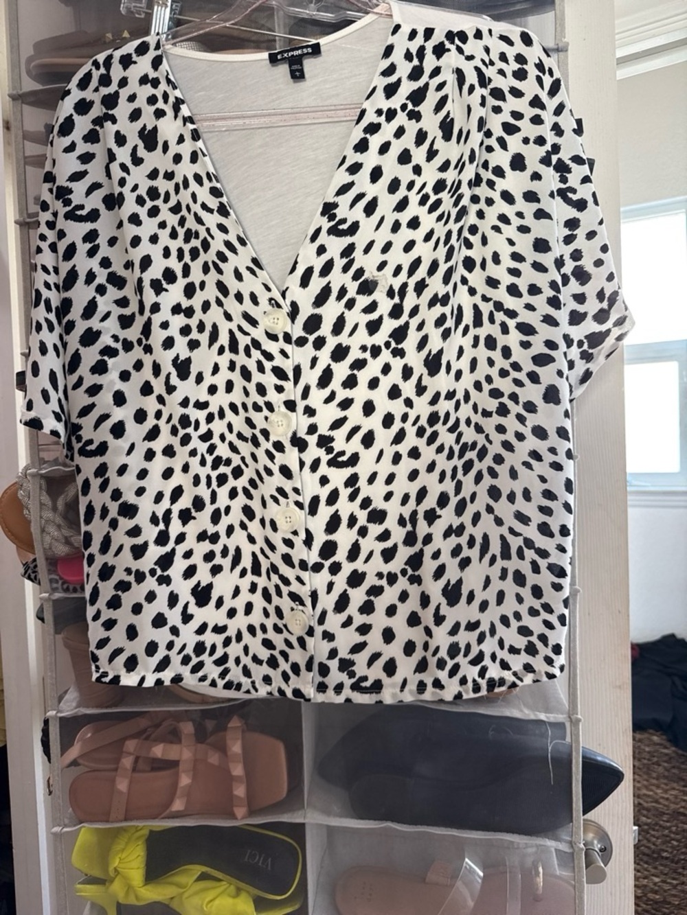 Express Black and White Dalmatian-Print Button-Front Top